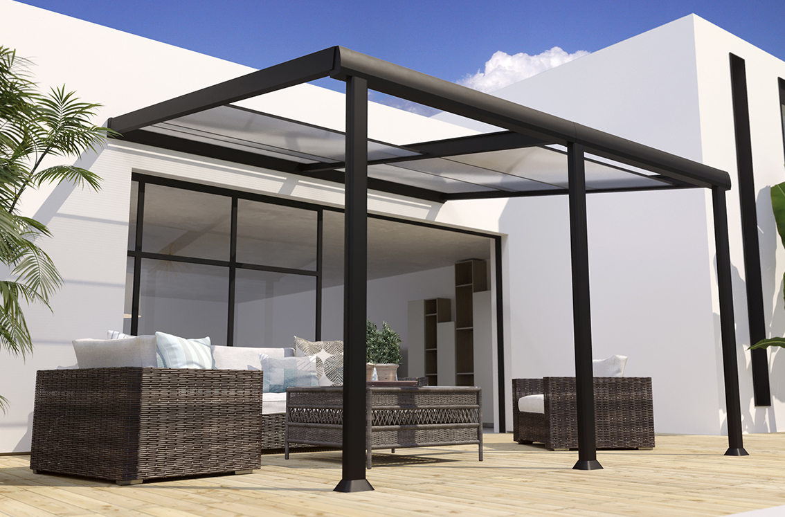 Pergola adossée aluminium Athezza 4x3.5 m - Toit incliné polycarbonate -  Couleurs du monde - Pergola - Tesa Garden